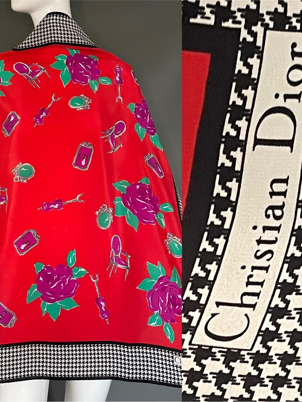 Gorg Vintage Christian Dior Silk Scarf Crimson with Roses Large 34 In Mint Cond